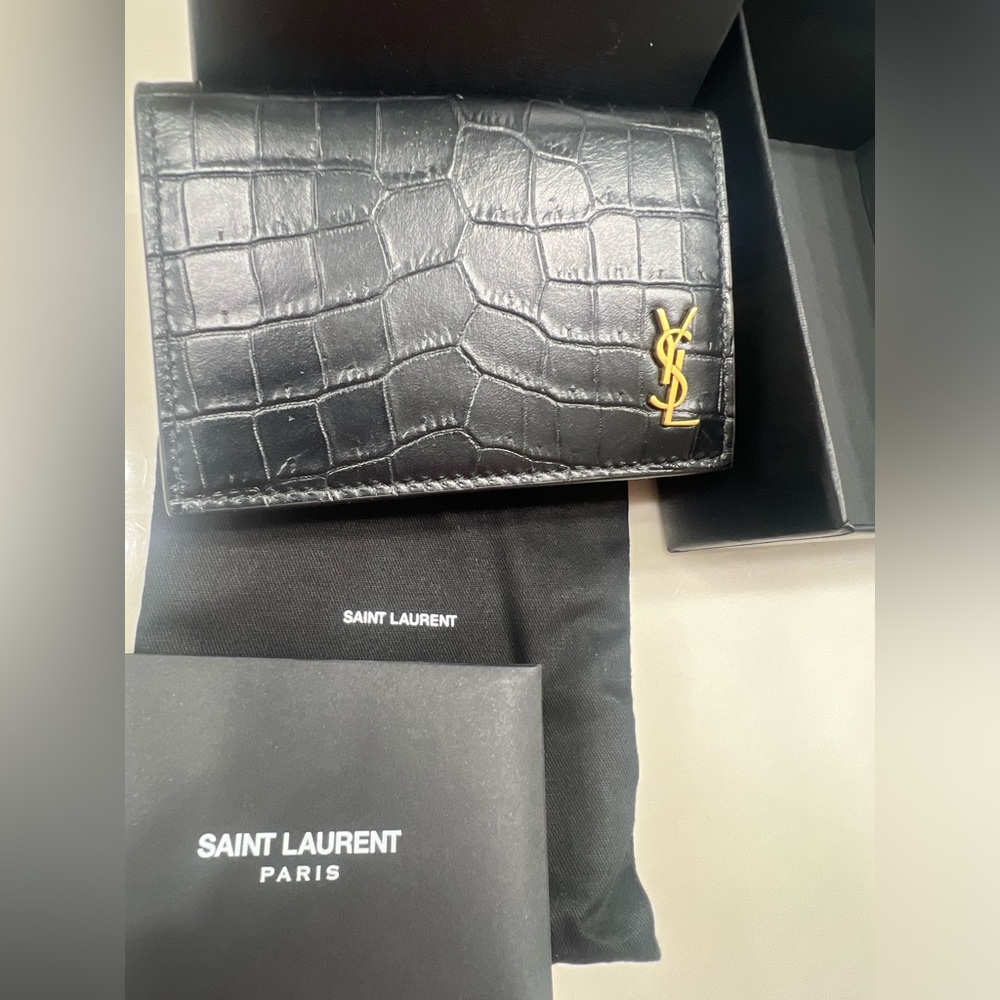 SOLD Authentic Excellent Black YSL Croc Compact Wallet W/ Gold